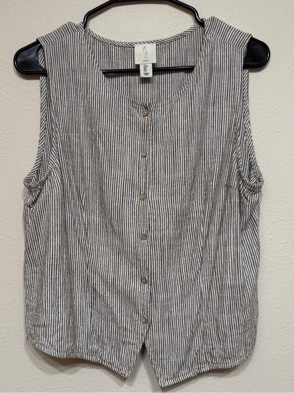 Joie Brown and White Pinstripe Sleeveless Button-Up Blouse